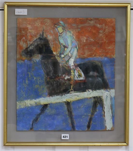 Modern British, oil on board, Racehorse and jockey 48 x 42cm